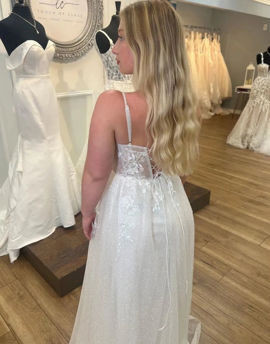 Simple A-Line Off The Shoulder Corset Back Tulle Wedding Dress With Split