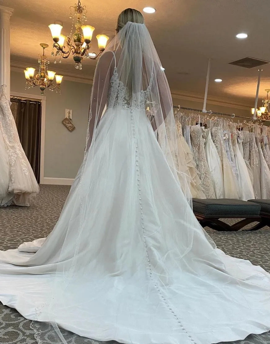 Simple A-Line Spaghetti Straps Court Train Satin Wedding Dress