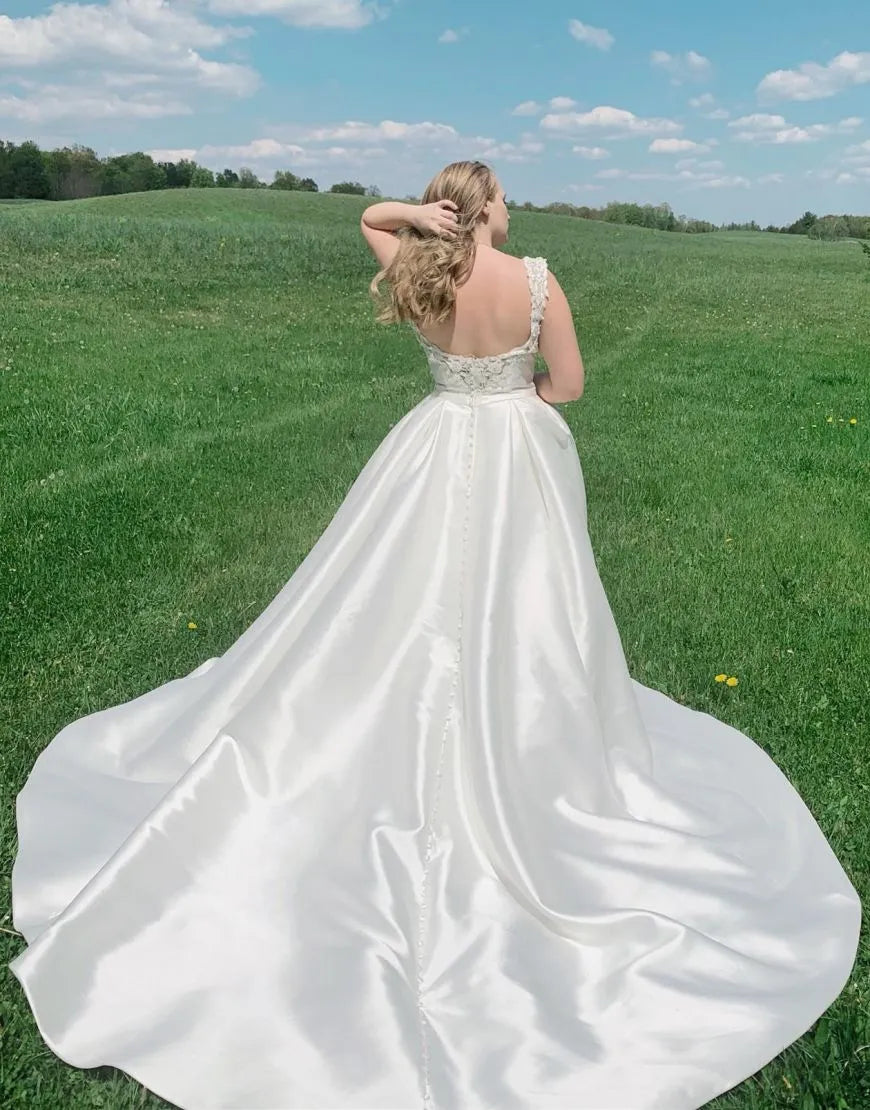 Simple A-line Scoop Neck Court Train Satin Wedding Dress