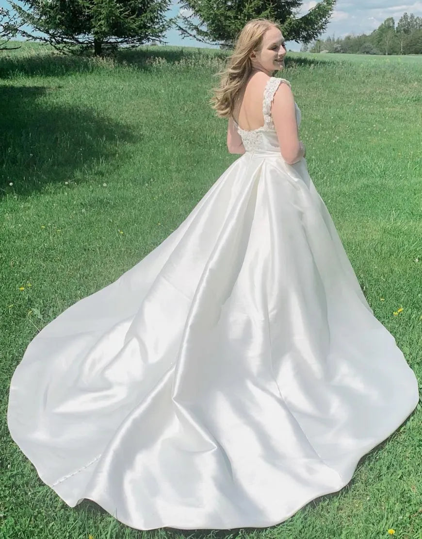 Simple A-line Scoop Neck Court Train Satin Wedding Dress