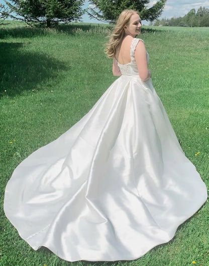 Simple A-line Scoop Neck Court Train Satin Wedding Dress
