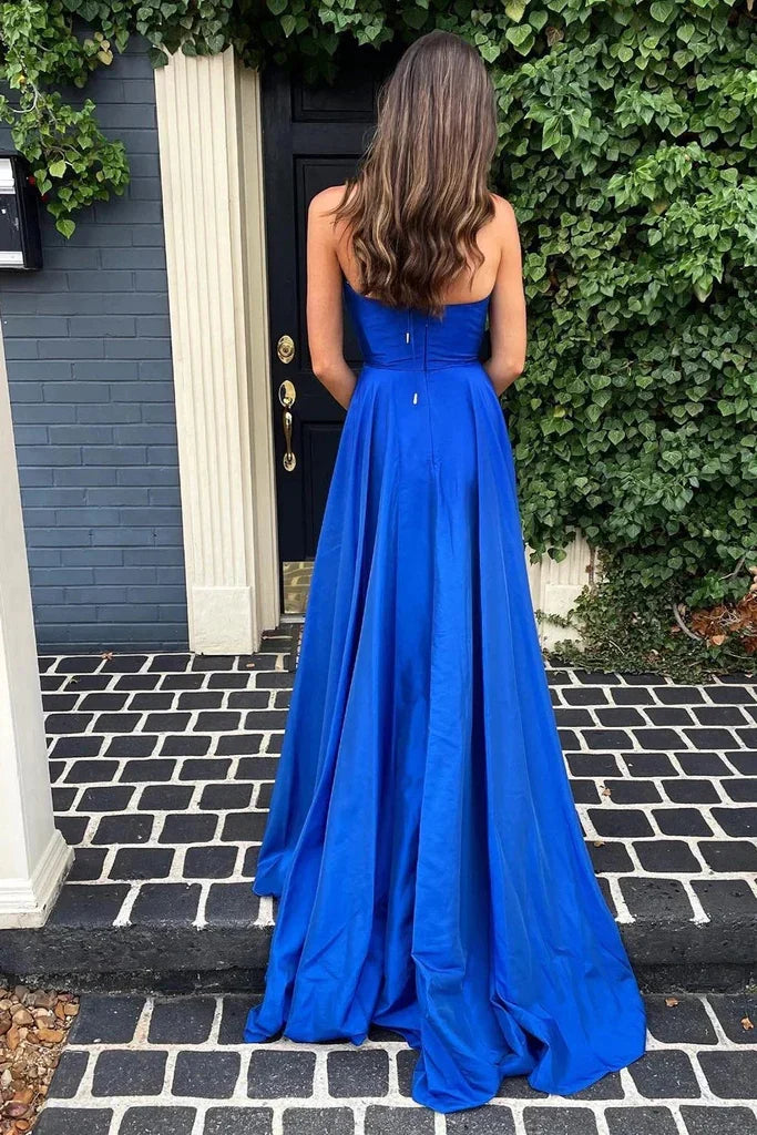 Simple A Line Deep V Neck Long Prom Dress with Split