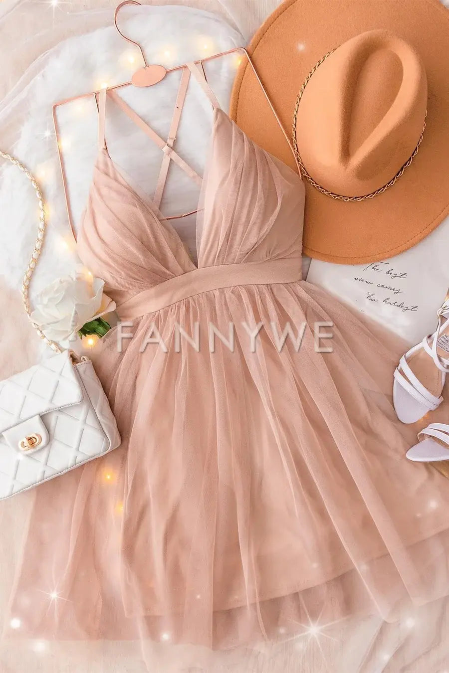 FannyWe Simple Blush Pink Tulle A-line Short Homecoming Dress formal wear dresses