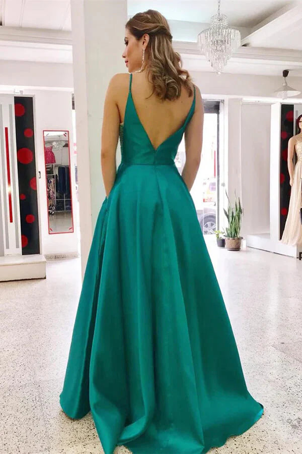 A-line V-neck Spaghetti Straps Simple Satin Long Prom Dresses