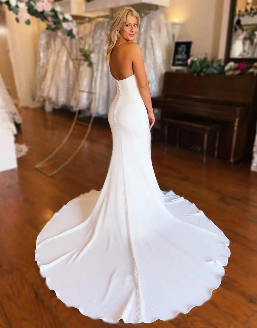 Simple Mermaid Strapless Stretch Satin Court Train Wedding Dress