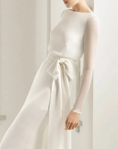 Simple Chiffon Long Sleeve Wedding Dress With Decoratived Buttons and Bow