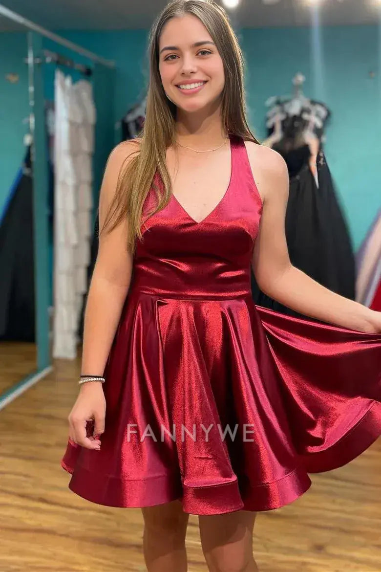 FannyWe Simple Wine Red A-line Short Homecoming Dress formal wear dresses