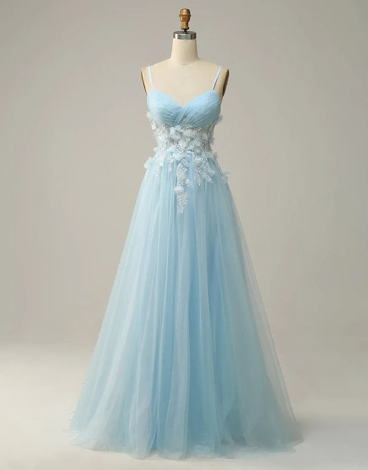 A-Line 3D Appliques Spaghetti Straps Tulle Prom Dress