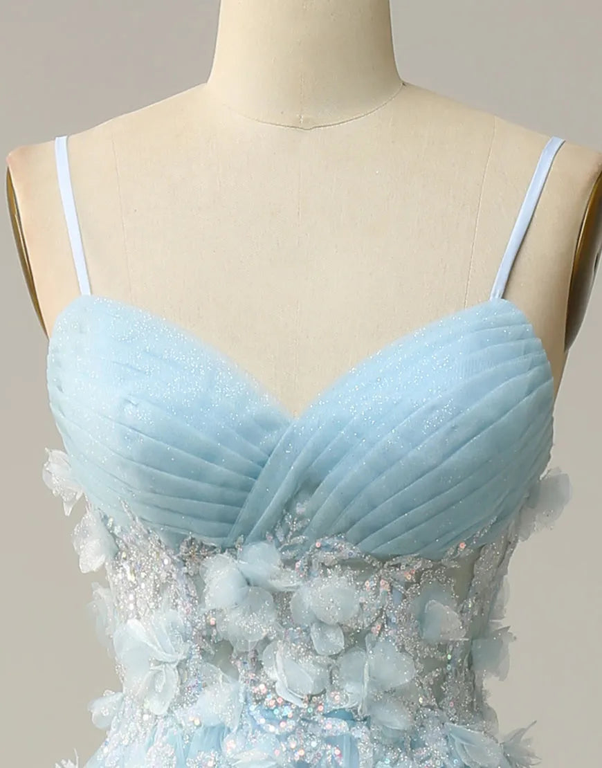 A-Line 3D Appliques Spaghetti Straps Tulle Prom Dress