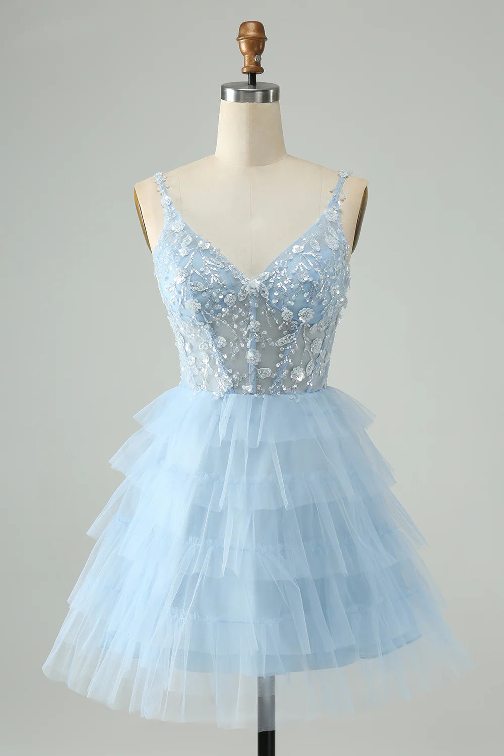 A Line Spaghetti Straps Tulle Tiered Short Homecoming Dress