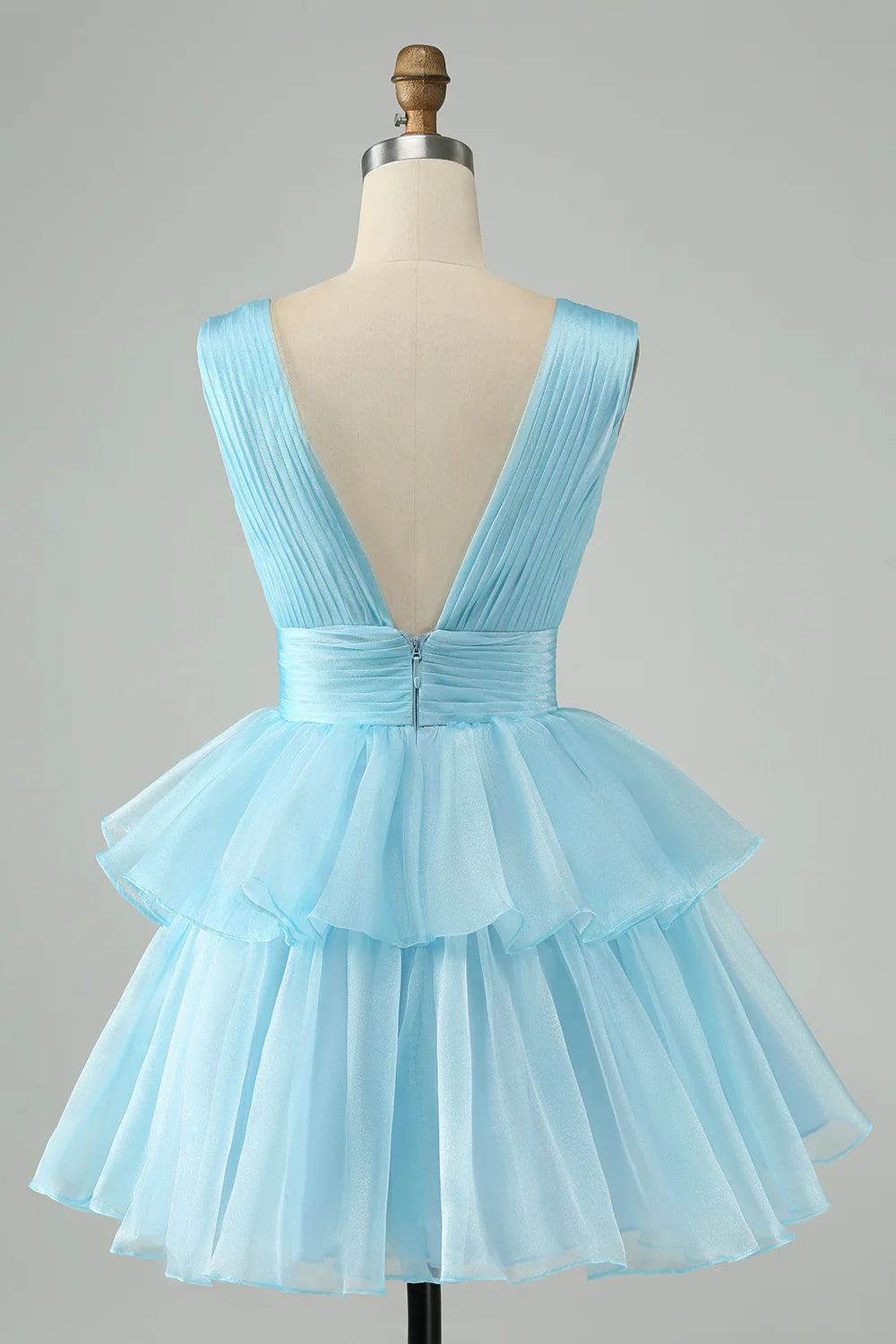 A Line V Neck Pleated Tiered Short Homecoming Dress