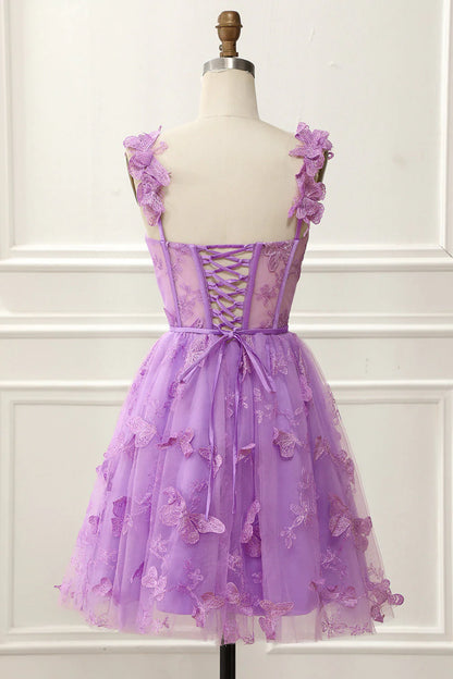 Vestidos de fiesta cortos/mini con tirantes finos y corte en A de tul con diseño de mariposa 