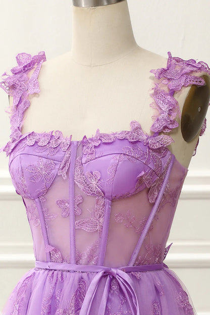 Vestidos de fiesta cortos/mini con tirantes finos y corte en A de tul con diseño de mariposa 