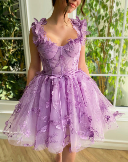 Vestidos de fiesta cortos/mini con tirantes finos y corte en A de tul con diseño de mariposa 