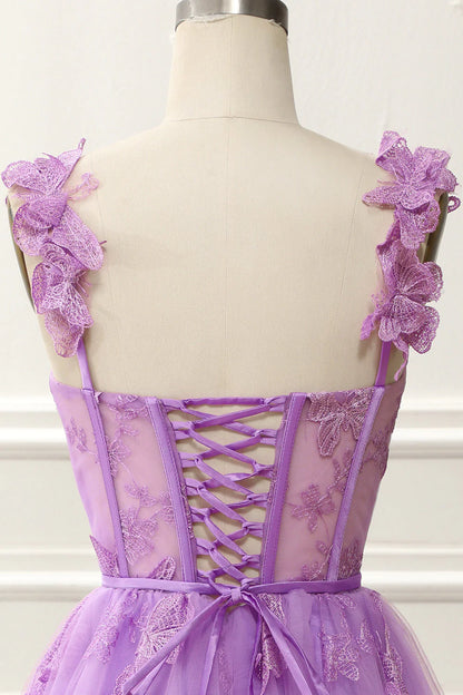 Vestidos de fiesta cortos/mini con tirantes finos y corte en A de tul con diseño de mariposa 