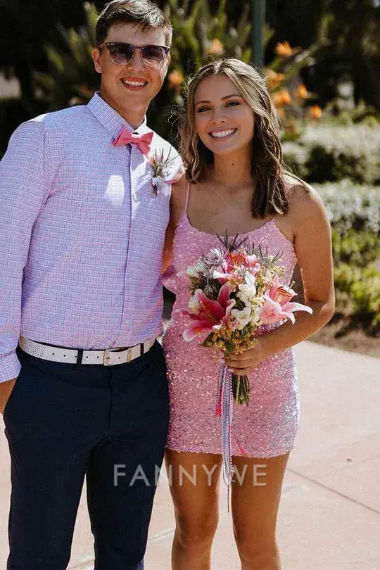 FannyWe Elegant Spaghetti Straps Pink Sequins Bodycon Homecoming Dress formal wear dresses