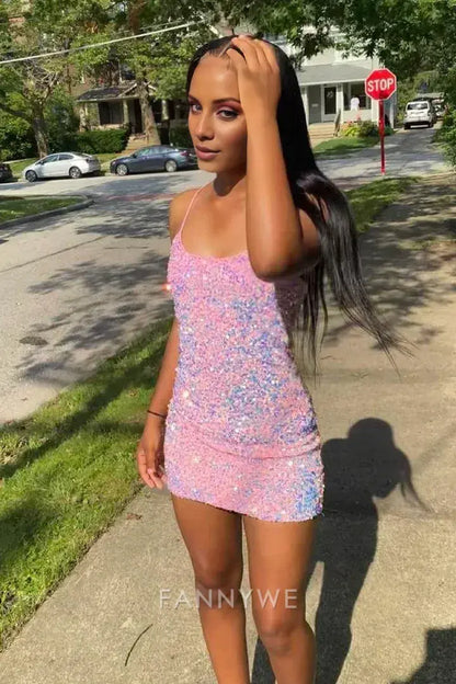FannyWe Elegant Spaghetti Straps Pink Sequins Bodycon Homecoming Dress formal wear dresses
