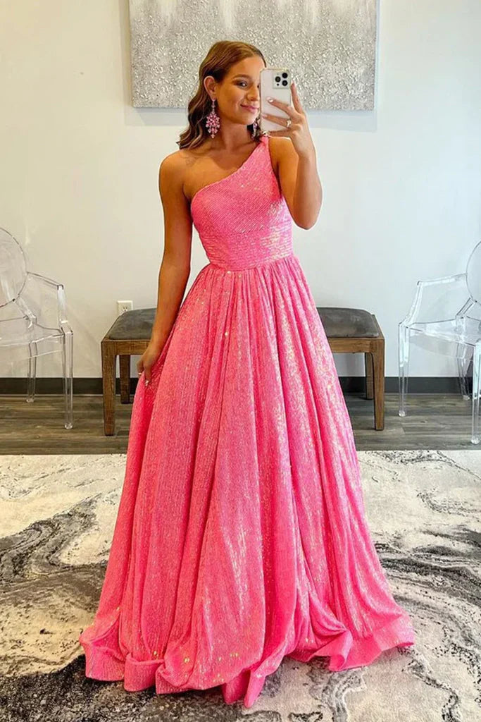 A Line Sparkly Plus Size One Shoulder Sequins Prom Dress