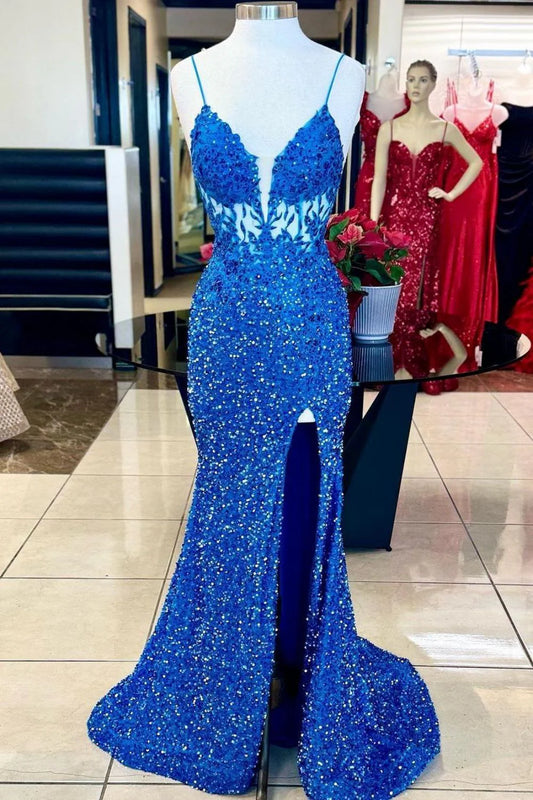 Mermaid Spaghetti Straps Long Prom Dress With Slit