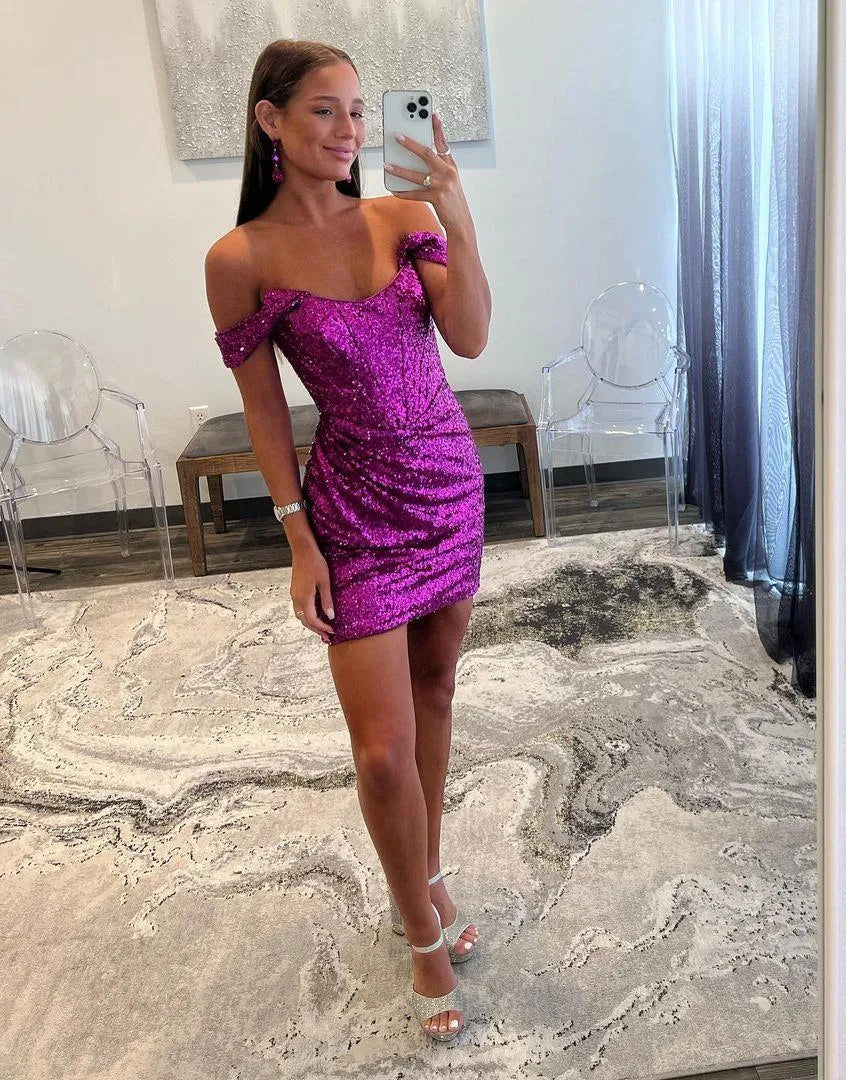Sparkly Sequin Off The Shoulder Short Party Dress