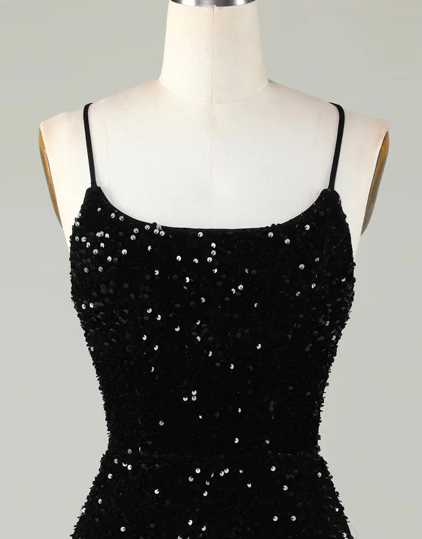 Sparkly Sequin Spaghetti Corset Back straps Tight Homecoming Dress