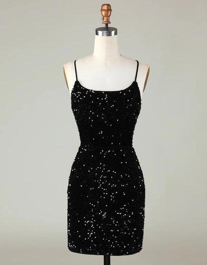 Sparkly Sequin Spaghetti Corset Back straps Tight Homecoming Dress