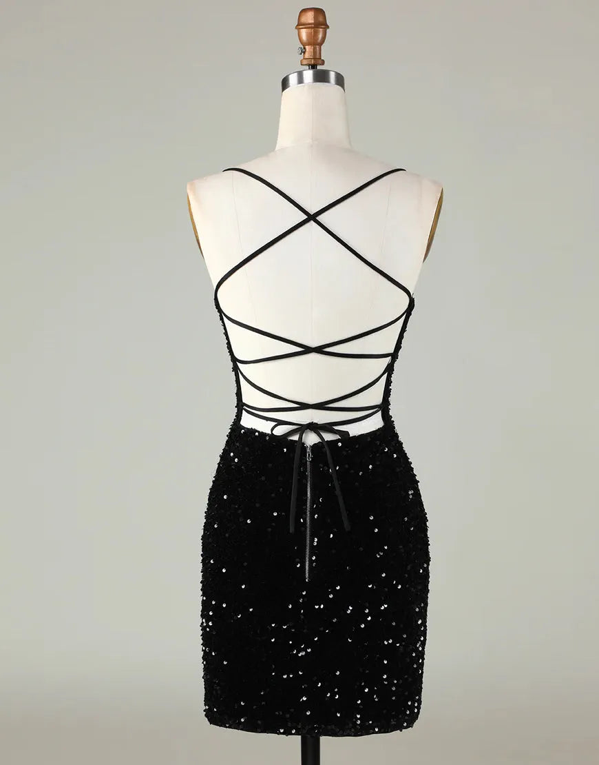 Sparkly Sequin Spaghetti Corset Back straps Tight Homecoming Dress