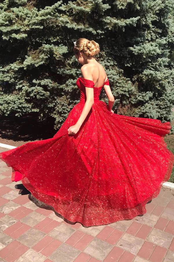 A-line Off Shoulder Sparkly Tulle Long Prom Dresses Evening Dresses