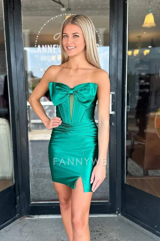 FannyWe Simple Strapless Bow-Knot Sleeveless Pleated Short Homecoming Dress formal wear dresses