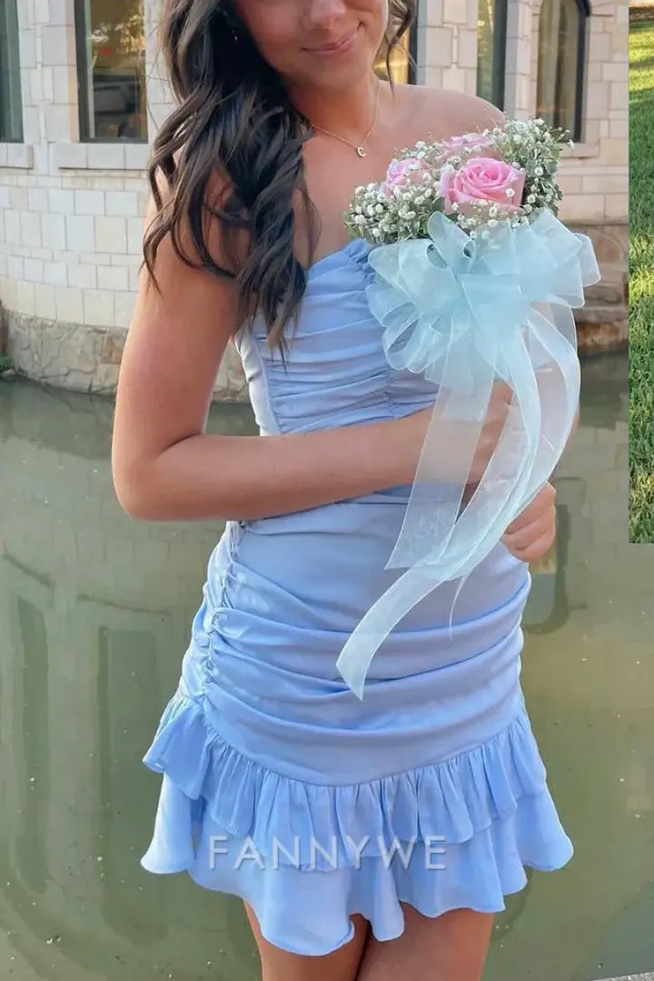 FannyWe Simple Strapless Pleated Satin Sleeveless Ruffles Mini Cocktail Homecoming Dress formal wear dresses