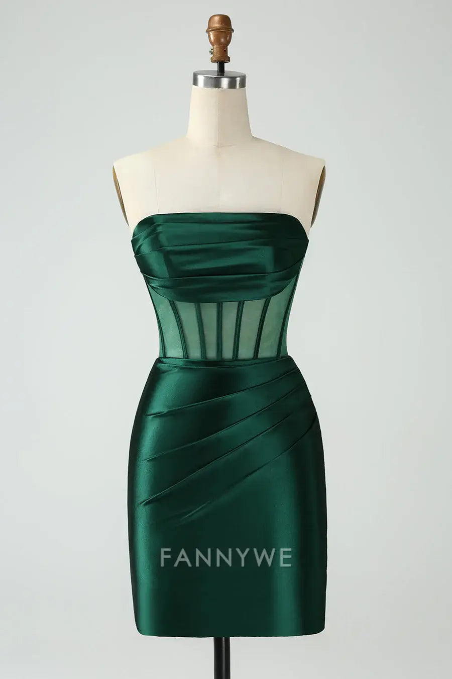 FannyWe Simple Strapless Sheer Bodice Mini Cocktail Dress in Emerald Green formal wear dresses