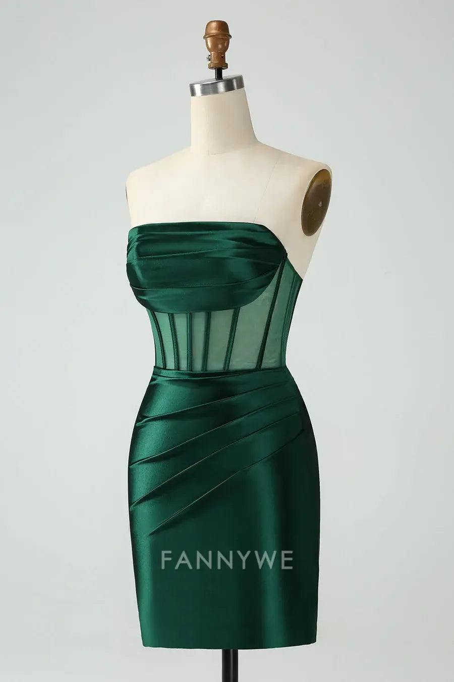 FannyWe Simple Strapless Sheer Bodice Mini Cocktail Dress in Emerald Green formal wear dresses
