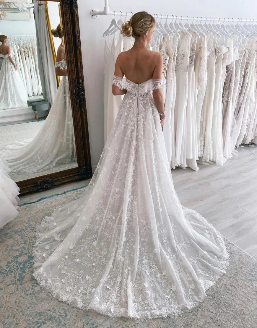 Stunning A-Line Off The Shoulder Lace Wedding Dress
