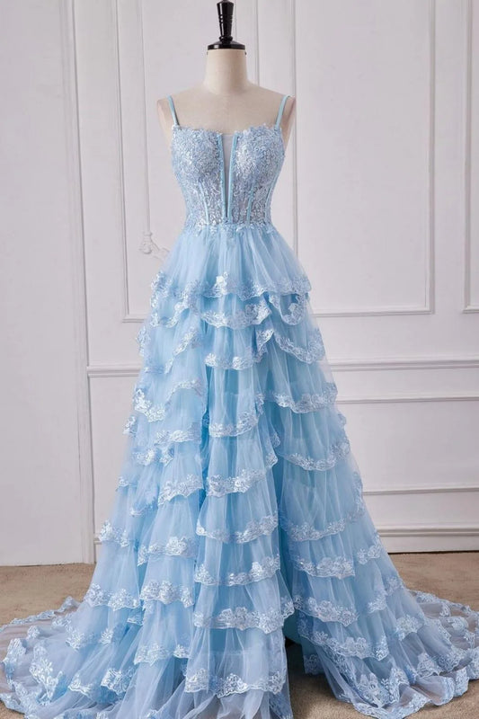 A-Line Long Tiered Prom Dress With Appliques