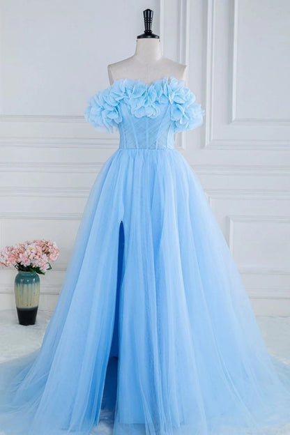 A-Linien-Ballkleid aus trägerlosem, langem Tüll mit 3D-Blumen