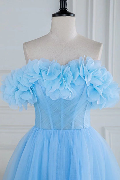 A-Linien-Ballkleid aus trägerlosem, langem Tüll mit 3D-Blumen