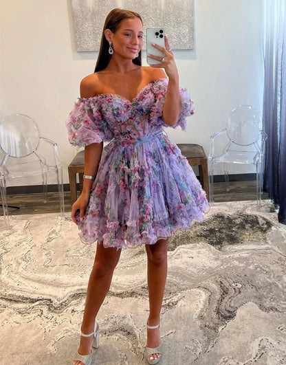 A-Line Sweet Off The Shoulder Short Tulle Homecoming Dresses Party Dress