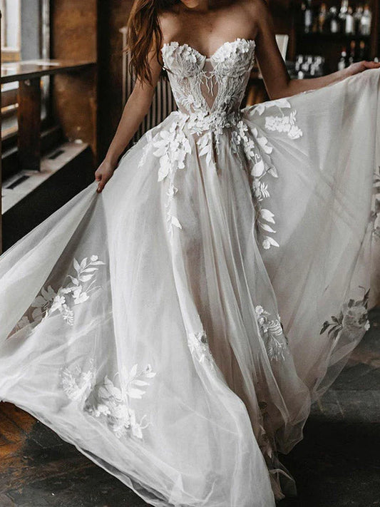 A Line Tulle With Applique Wedding Dresses
