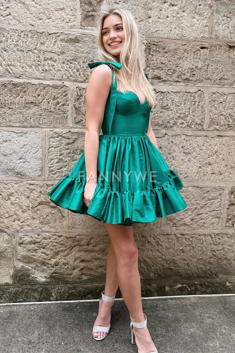FannyWe Simple Sweetheart Bow Strap A-Line Ruched Sleeveless Homecoming Dress formal wear dresses