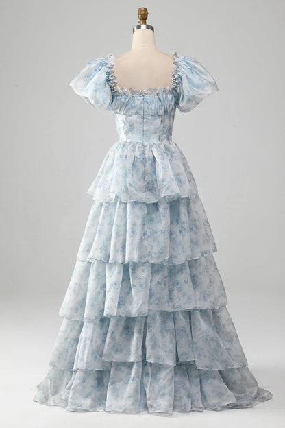 A Line Square Neck Tiered Ruffles Prom Dress