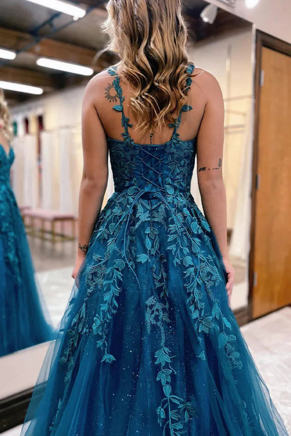 A-Line Glitter Lace Long Prom Dress