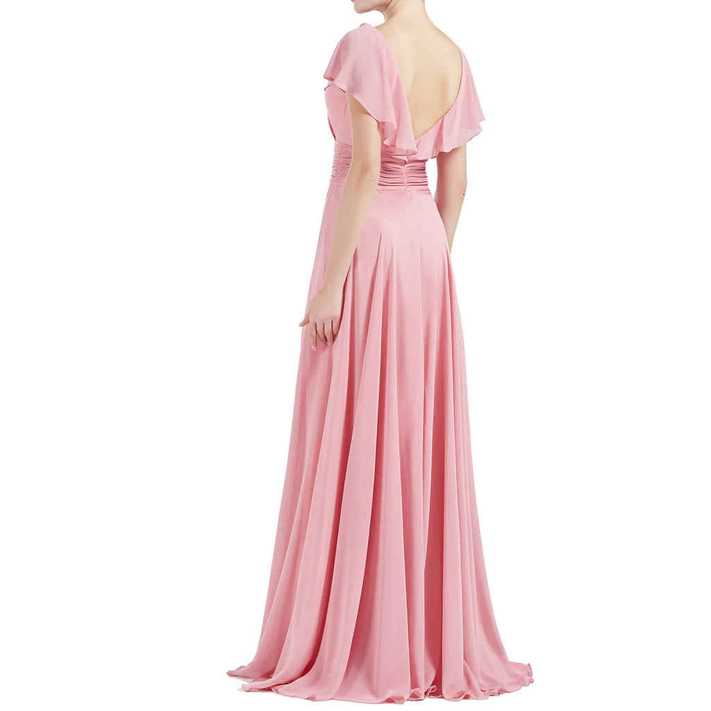 A Line Neck Ruffle Short Sleeves Wedding Bridesmaid Dresses