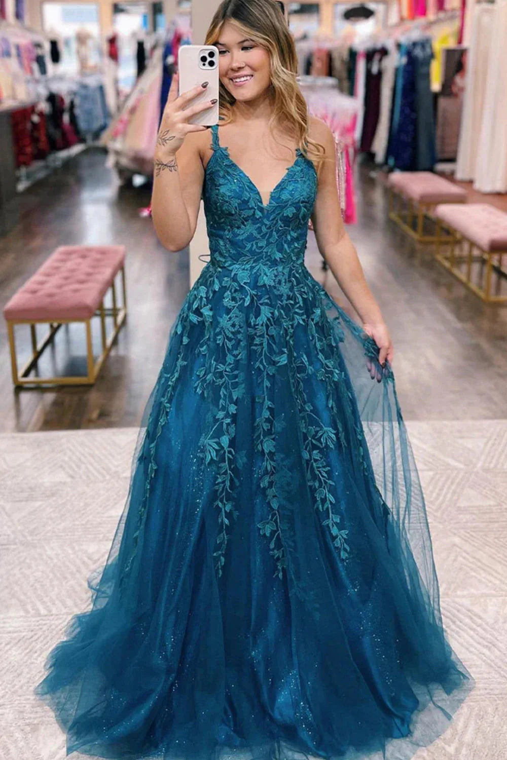 A-Line Glitter Lace Long Prom Dress