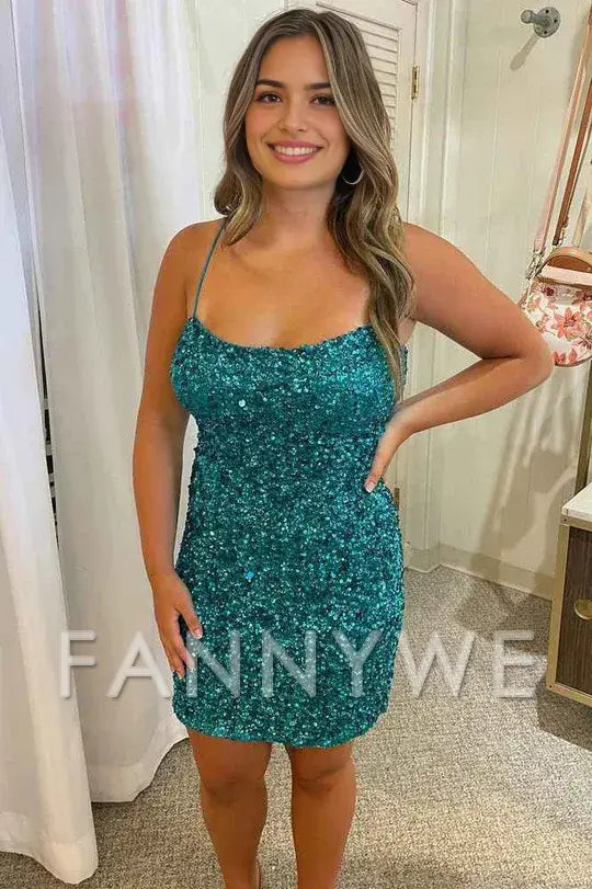 FannyWe Simple Teal Blue Sequin Lace-Up Mini Cocktail Dress formal wear dresses