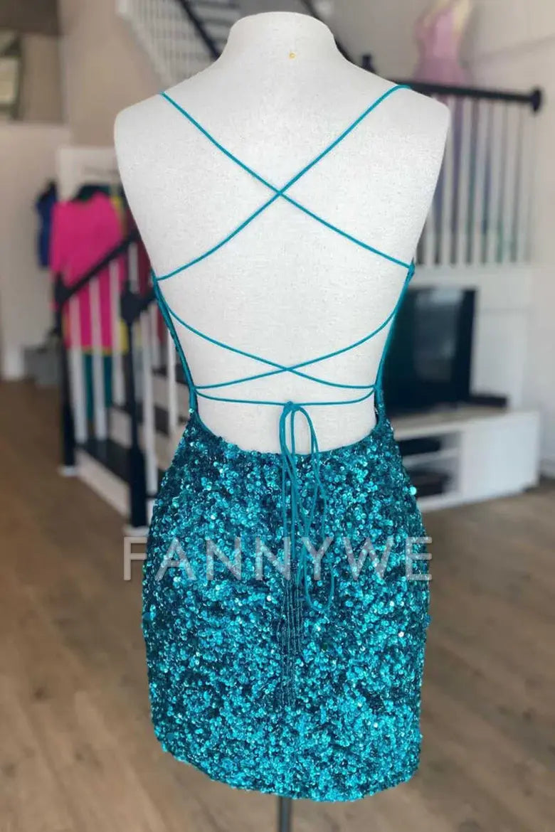 FannyWe Simple Teal Blue Sequin Lace-Up Mini Cocktail Dress formal wear dresses