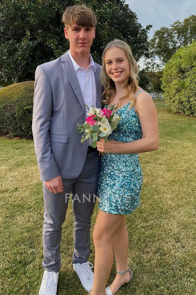 FannyWe Simple Tiffany Blue Sequin V-Neck Lace-Up Mini Homecoming Dress formal wear dresses