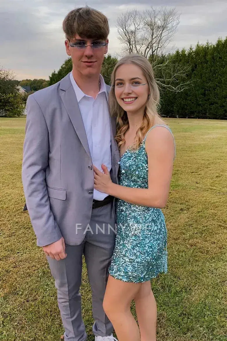 FannyWe Simple Tiffany Blue Sequin V-Neck Lace-Up Mini Homecoming Dress formal wear dresses