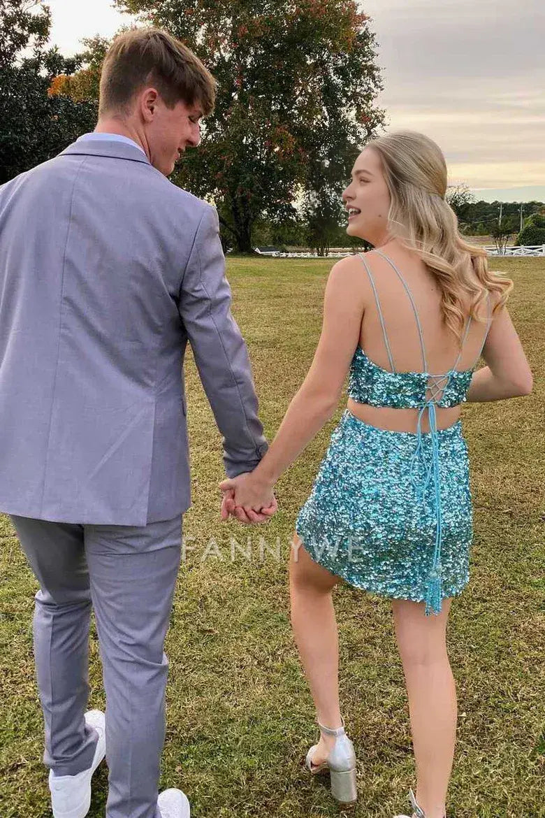 FannyWe Simple Tiffany Blue Sequin V-Neck Lace-Up Mini Homecoming Dress formal wear dresses