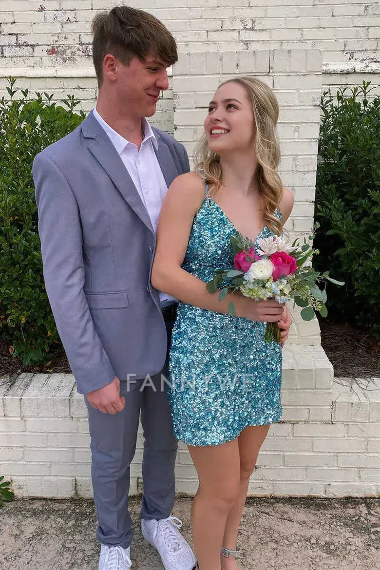 FannyWe Simple Tiffany Blue Sequin V-Neck Lace-Up Mini Homecoming Dress formal wear dresses