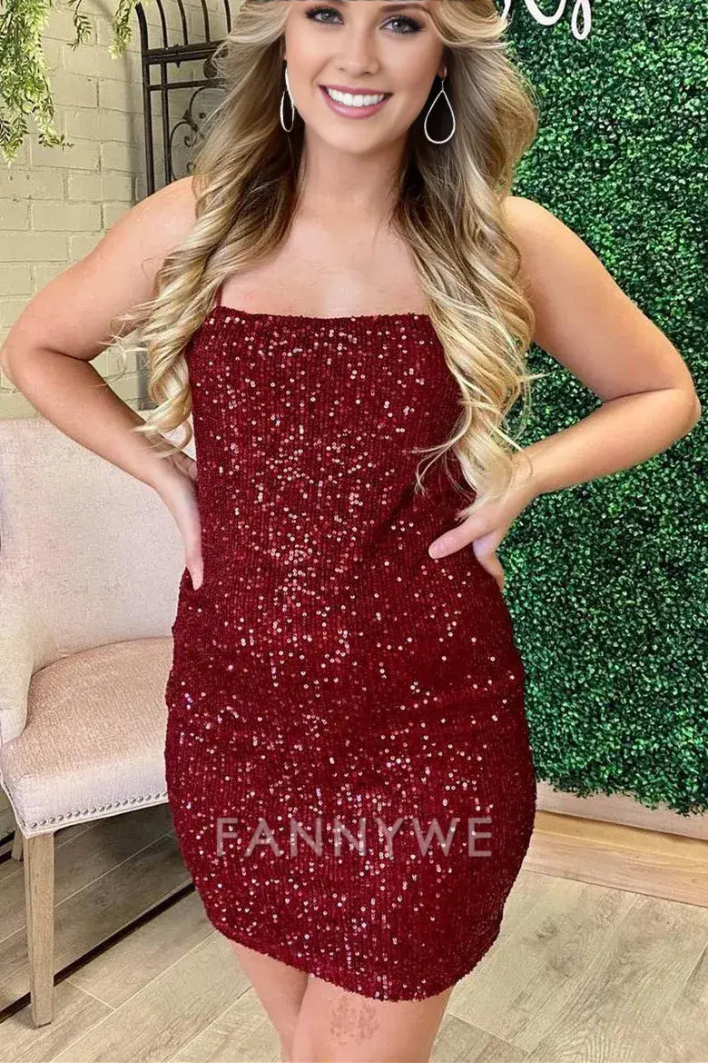 FannyWe Elegant Tight Burgundy Sequins Short Party Dress formal wear dresses